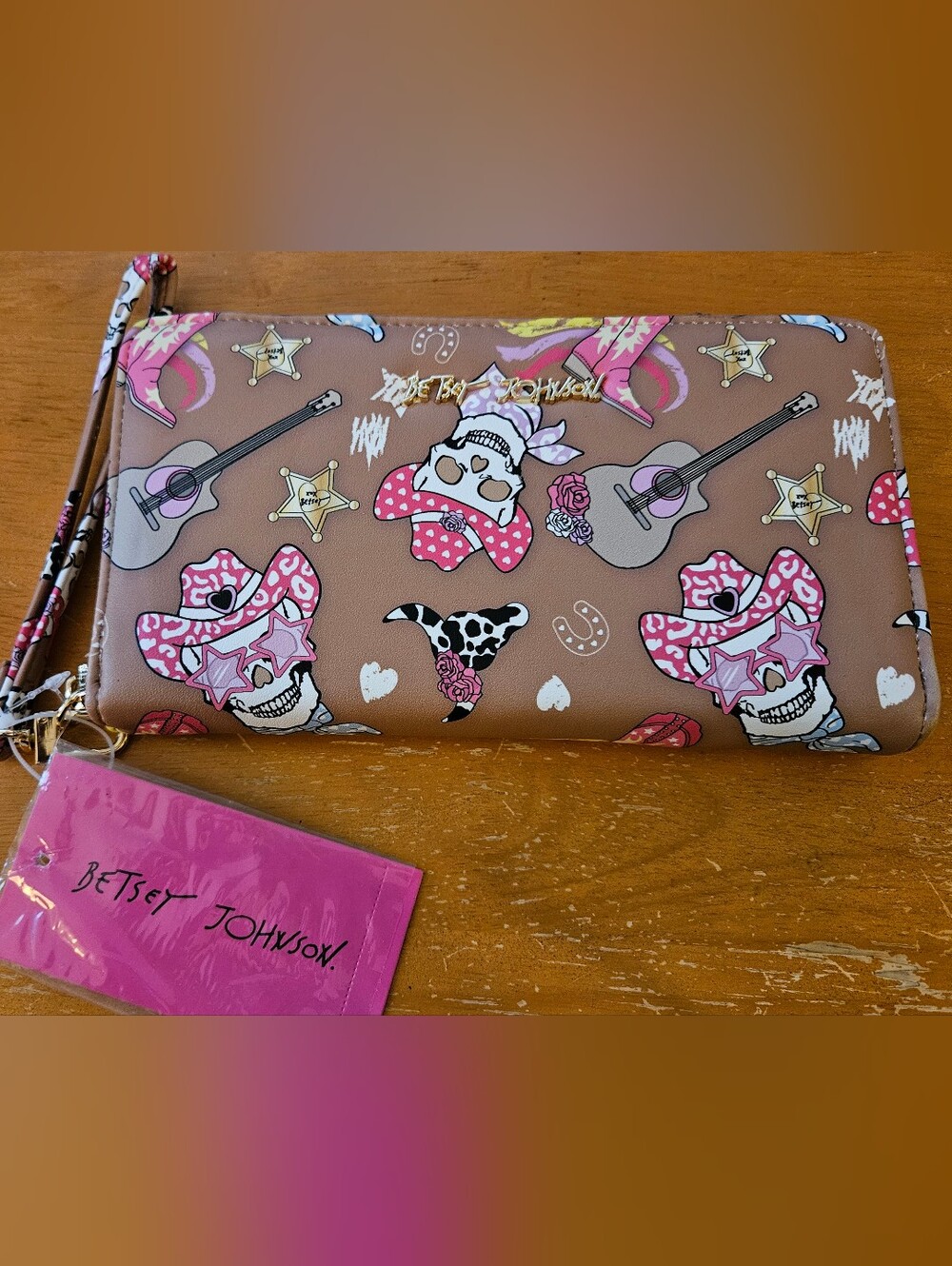 Betsey Johnson Western Cowboy Skull Print Zip Around Wristlet Wallet